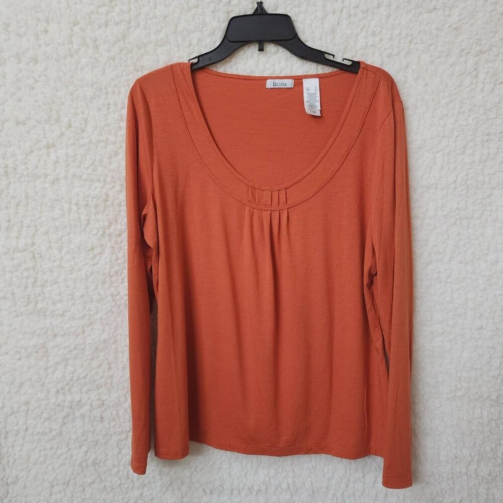 Liz & co Blouse Womens XL Orange Long Sleeve Round Neck Stretch‎ Blend Comfort